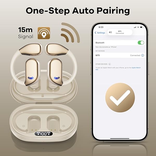 ABCDONG Open Ear Wireless Bluetooth Headphones 60hrs Play 8D Sound Sport Earbuds with LED Display Built-in Mic for Running and Workout Light Yellow - View 8 of 9