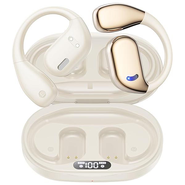 ABCDONG Open Ear Wireless Bluetooth Headphones 60hrs Play 8D Sound Sport Earbuds with LED Display Built-in Mic for Running and Workout Light Yellow - View 2 of 9