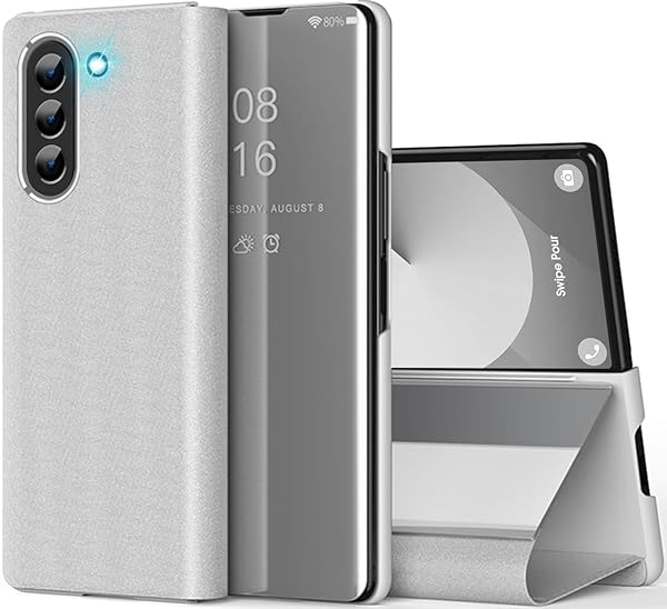 sqgylgl Galaxy Z Fold 6 Clear View Mirror Flip Cover Case with Kickstand PU Leather Protective Case for Samsung Galaxy Z Fold 6 Silver - View 2 of 9