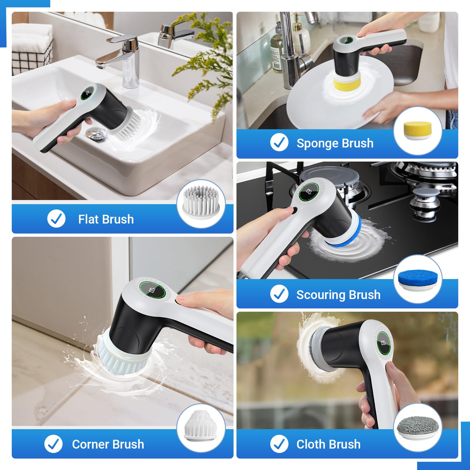 PUFTEM Electric Spin Scrubber, Cordless Shower Scrubber with Battery Level Display, 2 Speeds Electric Scrubber for Cleaning with 6 Replaceable Heads, Cleaning Brush for Bathroom/Sink/Window - View 4 of 6