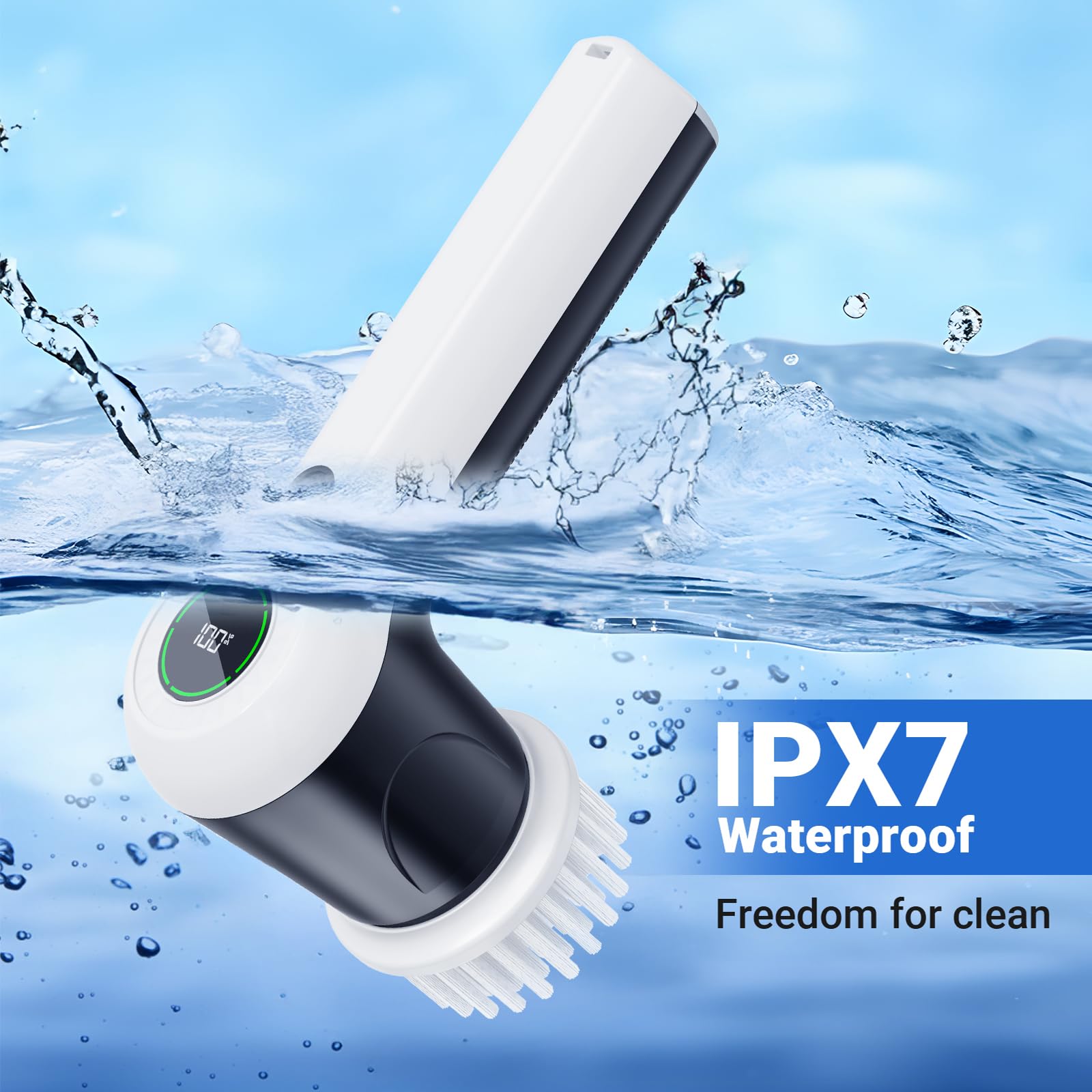 PUFTEM Electric Spin Scrubber, Cordless Shower Scrubber with Battery Level Display, 2 Speeds Electric Scrubber for Cleaning with 6 Replaceable Heads, Cleaning Brush for Bathroom/Sink/Window - View 5 of 6