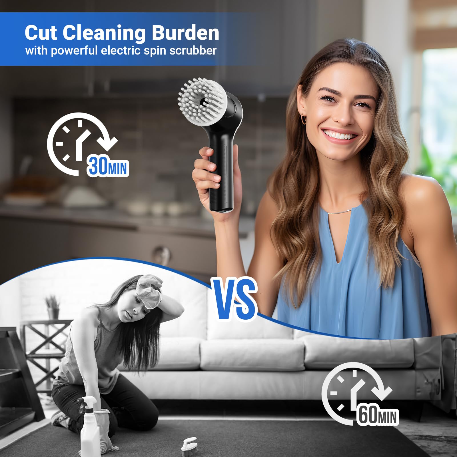 PUFTEM Electric Spin Scrubber, Cordless Shower Scrubber with Battery Level Display, 2 Speeds Electric Scrubber for Cleaning with 6 Replaceable Heads, Cleaning Brush for Bathroom/Sink/Window - View 6 of 6