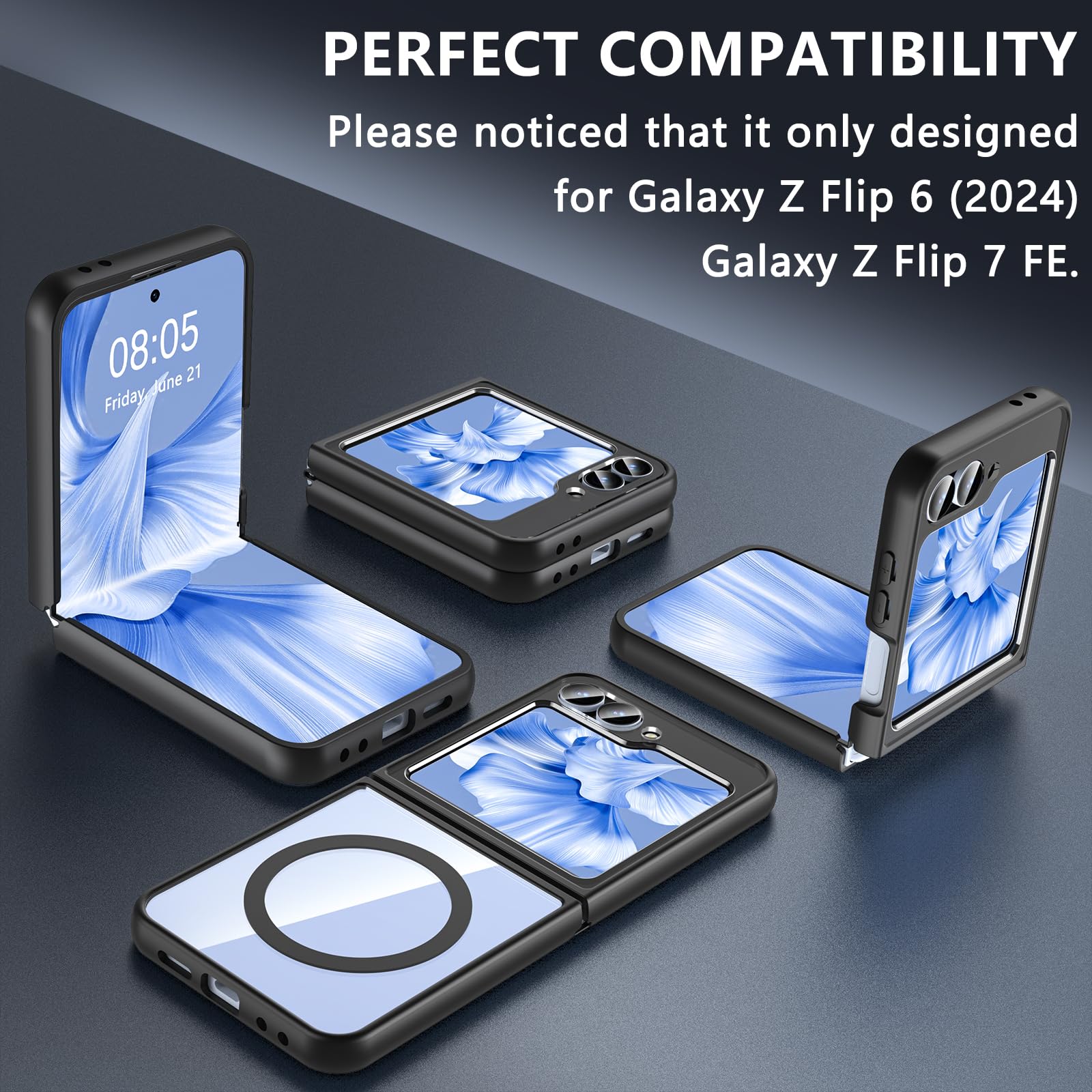 Hensinple Hensinple Samsung Galaxy Z Flip 6 Case Magnetic Compatible with MagSafe Transparent Shockproof Slim Rugged Hard PC Clear Back Cover Black - View 3 of 8