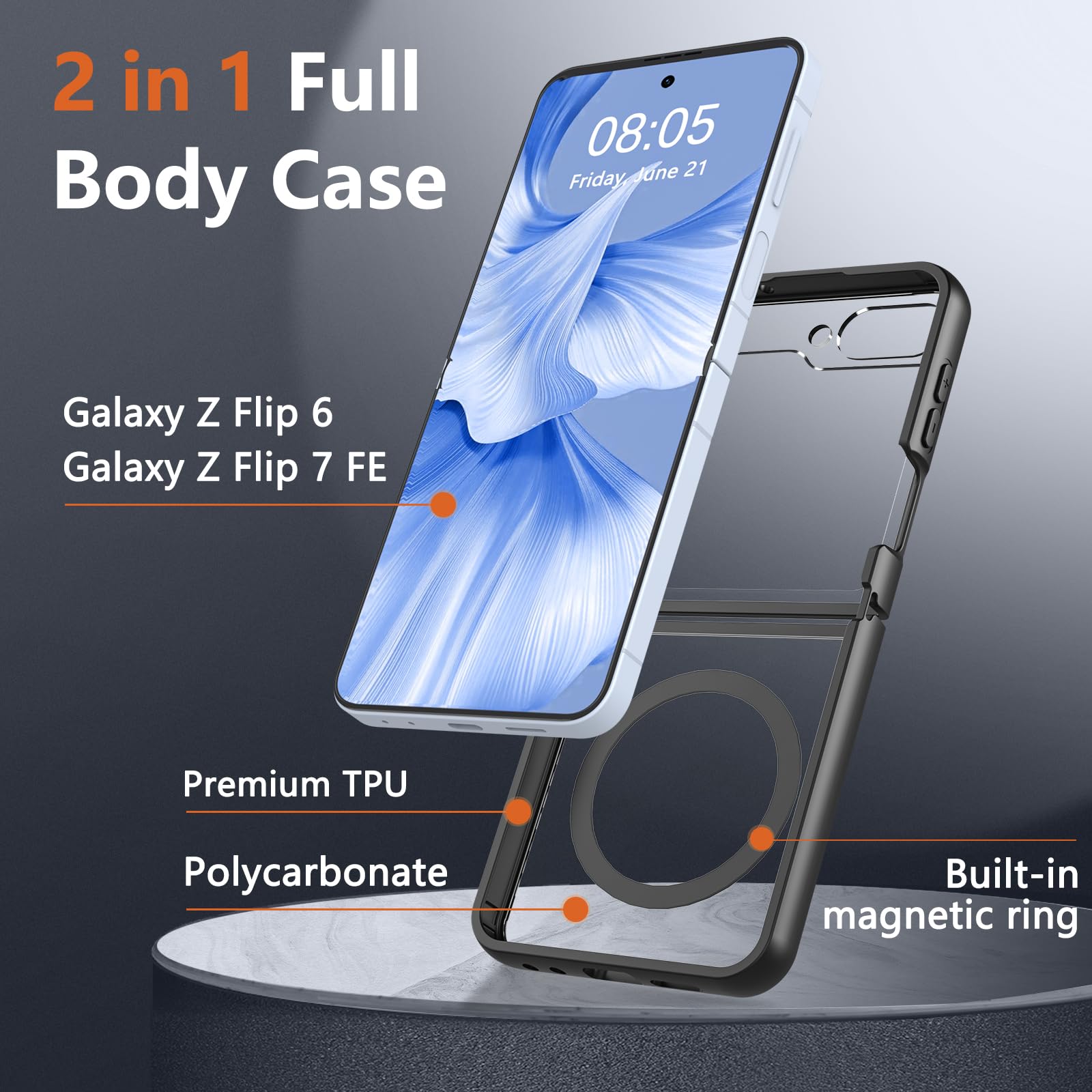 Hensinple Hensinple Samsung Galaxy Z Flip 6 Case Magnetic Compatible with MagSafe Transparent Shockproof Slim Rugged Hard PC Clear Back Cover Black - View 7 of 8