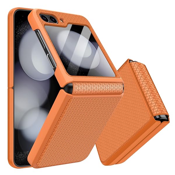Giyer Giyer Samsung Galaxy Z Flip 6 Case with Screen Protector Heavy Duty Shockproof Hinge Protective Cover Stylish Texture Orange 2025
