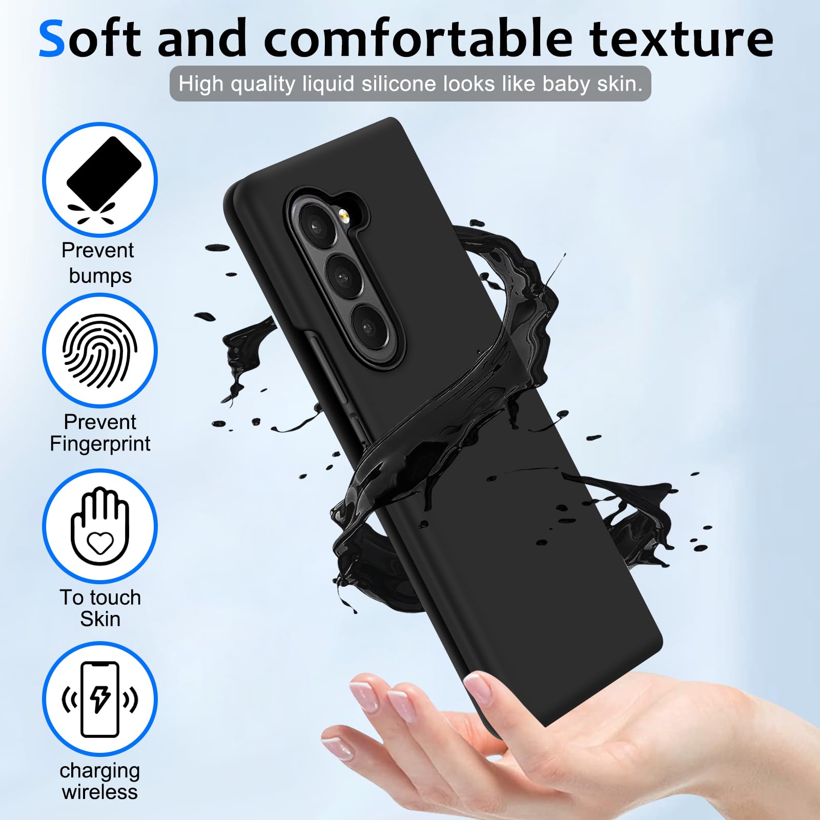 Gxmeuie Z Fold 6 Liquid Silicone Case for Samsung Galaxy Z Fold6 5G Slim Soft Gel Rubber Ultra Thin Anti-Scratch Protective Cover Black - View 6 of 7