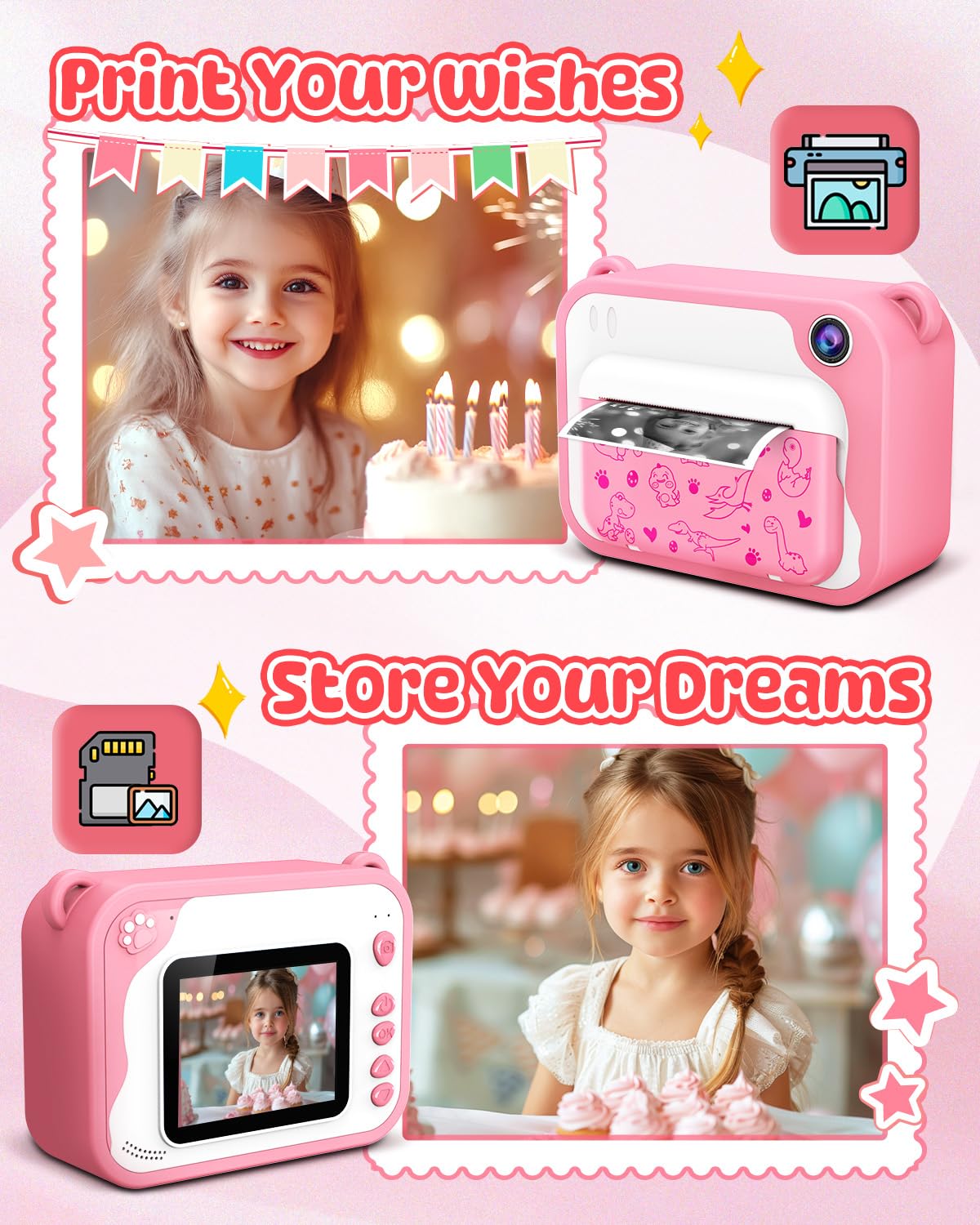 Usteetic Usteetic Kids Camera Instant Print 1080p Ink Free Printing Dinosaur Camera for Boys and Girls Aged 3 to 12 Perfect Christmas Birthday Gift Pink - View 2 of 9