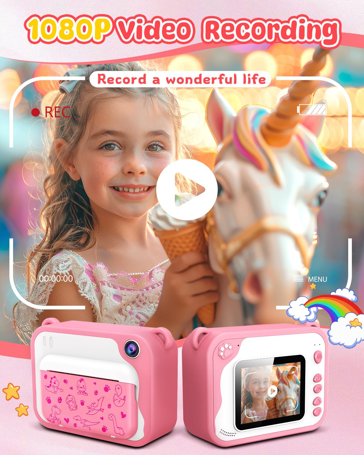 Usteetic Usteetic Kids Camera Instant Print 1080p Ink Free Printing Dinosaur Camera for Boys and Girls Aged 3 to 12 Perfect Christmas Birthday Gift Pink - View 3 of 9