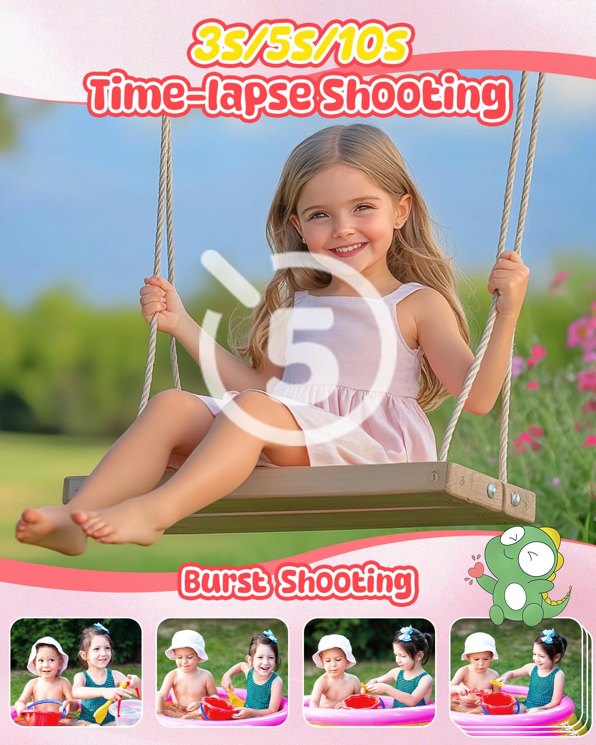 Usteetic Usteetic Kids Camera Instant Print 1080p Ink Free Printing Dinosaur Camera for Boys and Girls Aged 3 to 12 Perfect Christmas Birthday Gift Pink - View 5 of 9