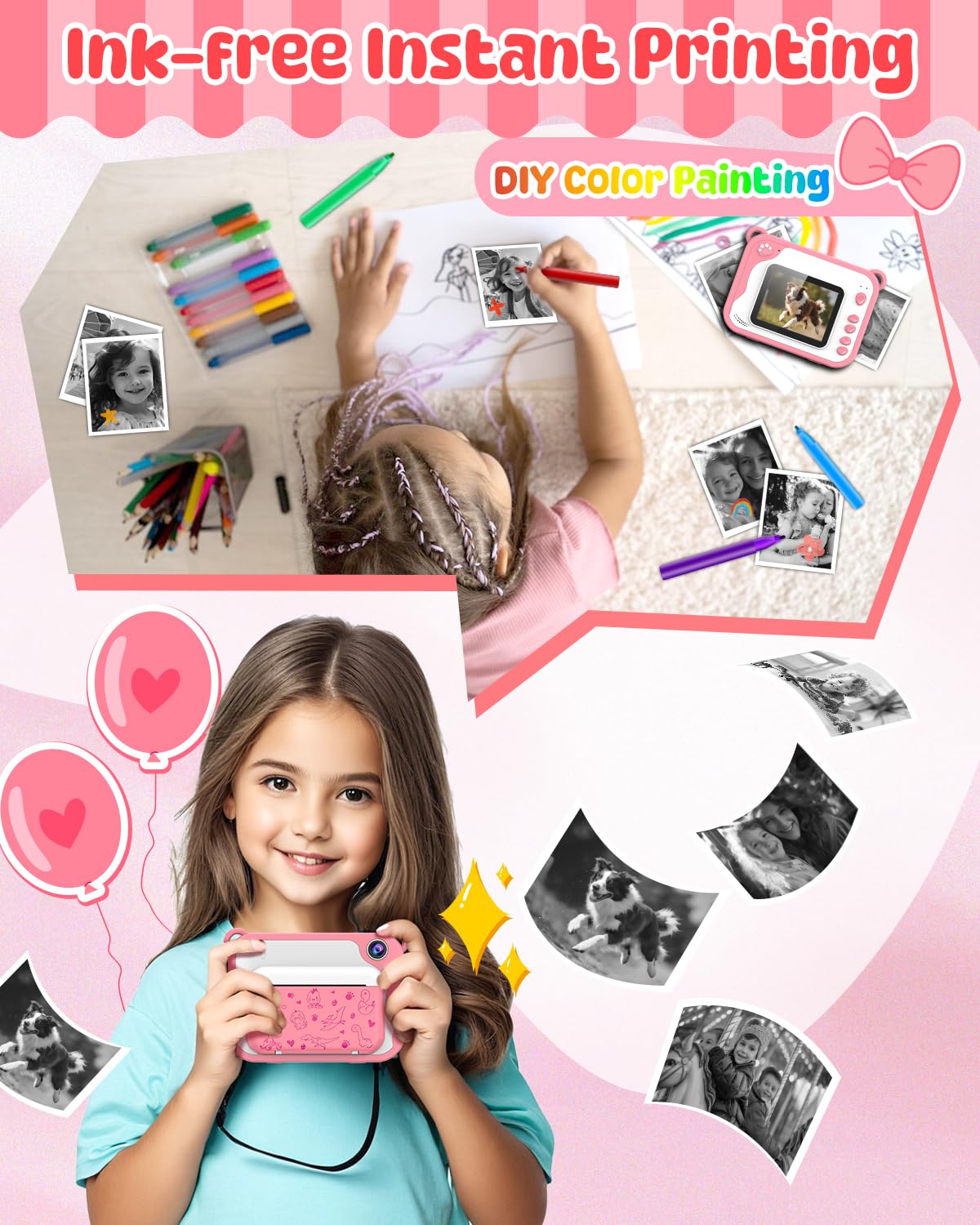 Usteetic Usteetic Kids Camera Instant Print 1080p Ink Free Printing Dinosaur Camera for Boys and Girls Aged 3 to 12 Perfect Christmas Birthday Gift Pink - View 6 of 9