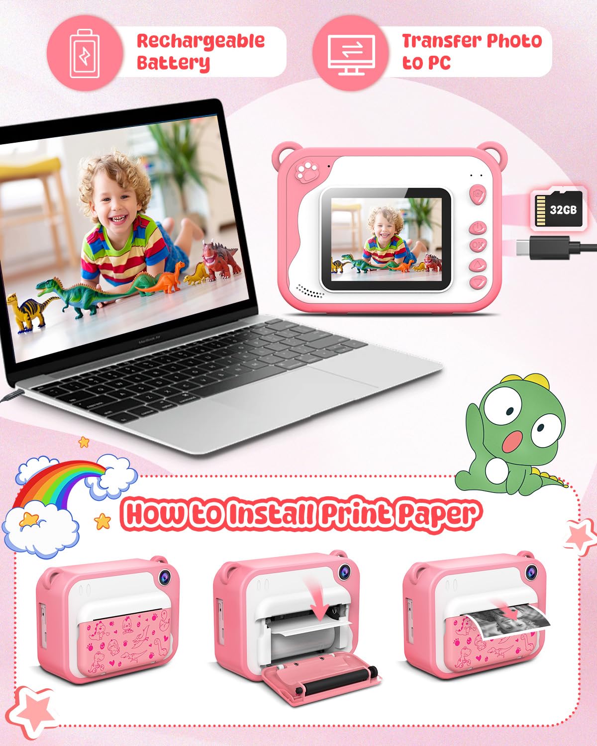 Usteetic Usteetic Kids Camera Instant Print 1080p Ink Free Printing Dinosaur Camera for Boys and Girls Aged 3 to 12 Perfect Christmas Birthday Gift Pink - View 7 of 9