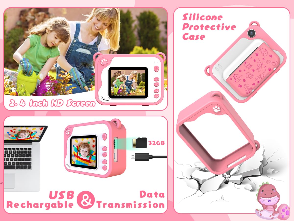 Usteetic Usteetic Kids Camera Instant Print 1080p Ink Free Printing Dinosaur Camera for Boys and Girls Aged 3 to 12 Perfect Christmas Birthday Gift Pink - View 8 of 9