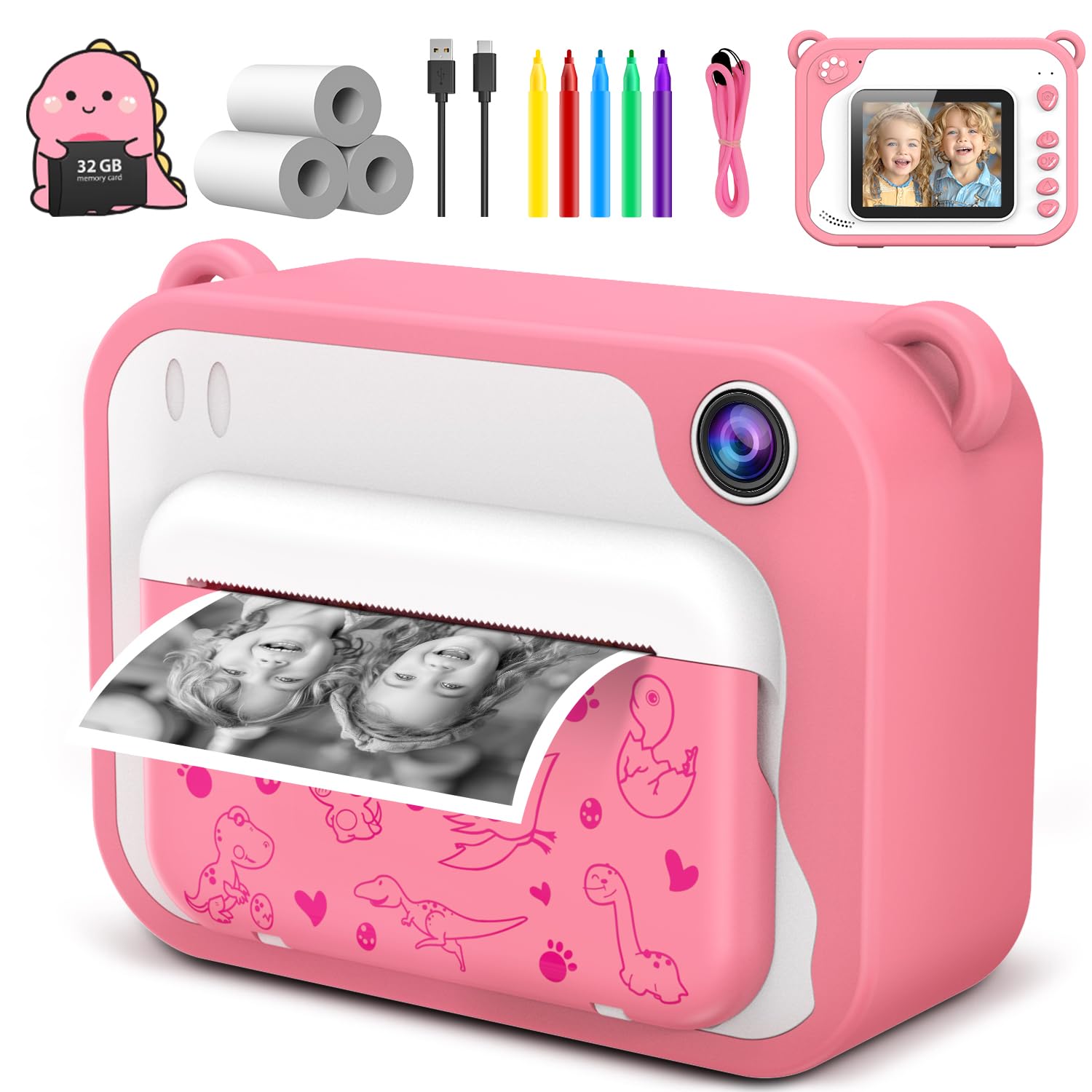 Usteetic Usteetic Kids Camera Instant Print 1080p Ink Free Printing Dinosaur Camera for Boys and Girls Aged 3 to 12 Perfect Christmas Birthday Gift Pink