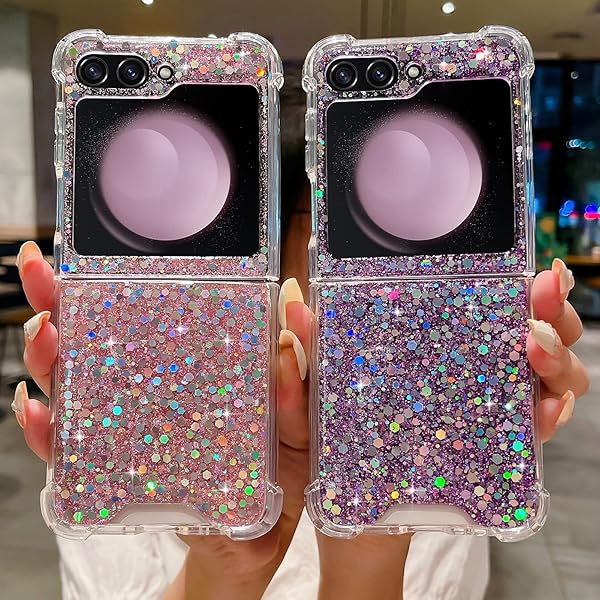 LCHULLE LCHULLE Bling Glitter Case for Samsung Galaxy Z Flip 6 Cute Shiny Sequin Stars Soft Silicone Shockproof Cover for Girls Women Purple - View 7 of 9