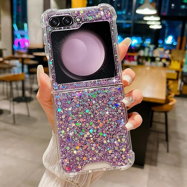 LCHULLE LCHULLE Bling Glitter Case for Samsung Galaxy Z Flip 6 Cute Shiny Sequin Stars Soft Silicone Shockproof Cover for Girls Women Purple - View 8 of 9