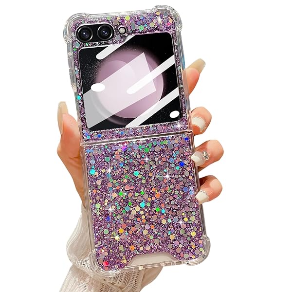 LCHULLE LCHULLE Bling Glitter Case for Samsung Galaxy Z Flip 6 Cute Shiny Sequin Stars Soft Silicone Shockproof Cover for Girls Women Purple