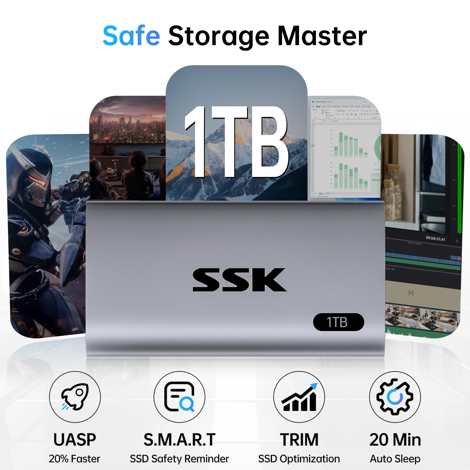 SSK SSK 1TB Portable SSD External Hard Drive USB 3.2 Gen2 Fast Solid State Drive for iPhone 15 Pro Windows Mac Android with LED Light - View 4 of 8