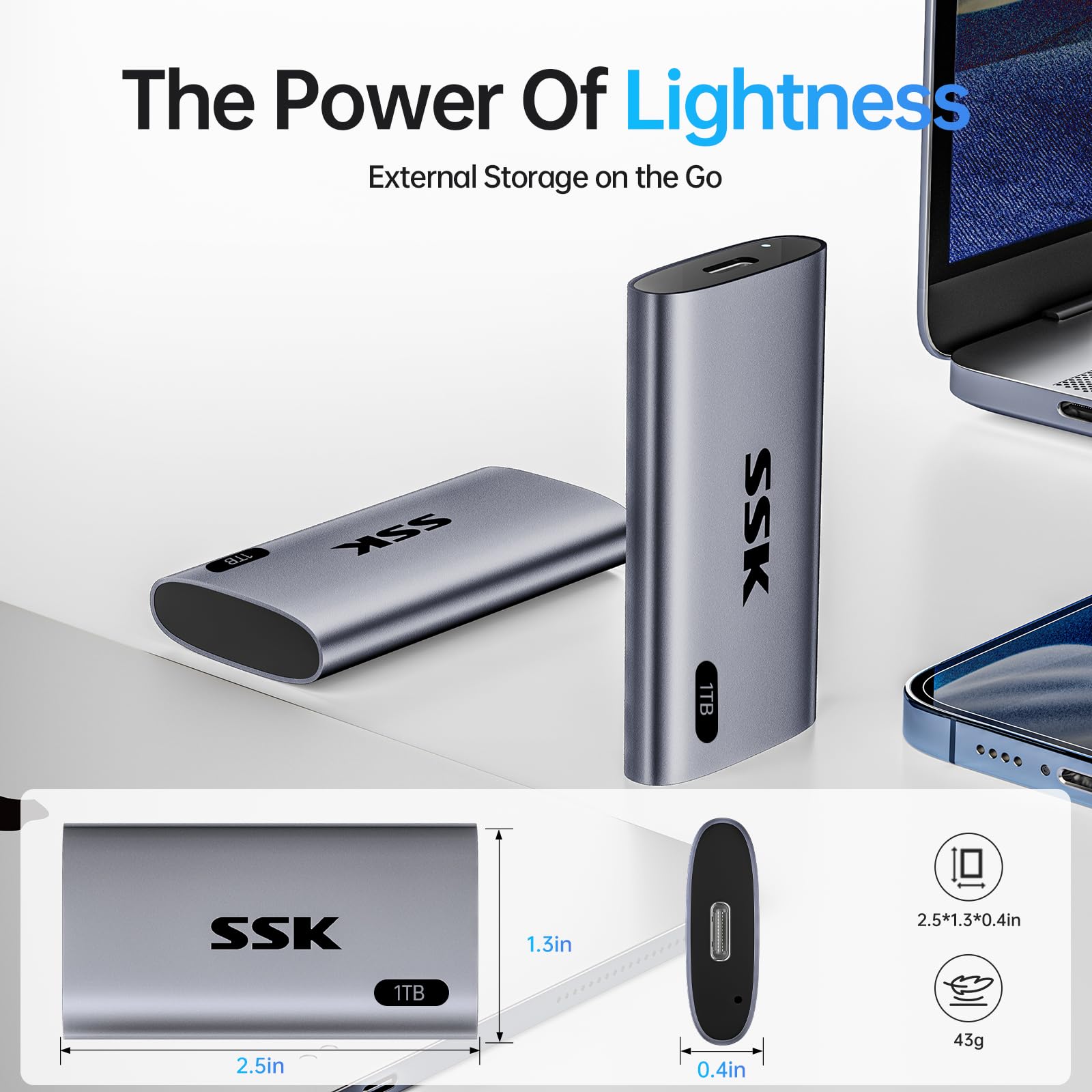 SSK SSK 1TB Portable SSD External Hard Drive USB 3.2 Gen2 Fast Solid State Drive for iPhone 15 Pro Windows Mac Android with LED Light - View 7 of 8