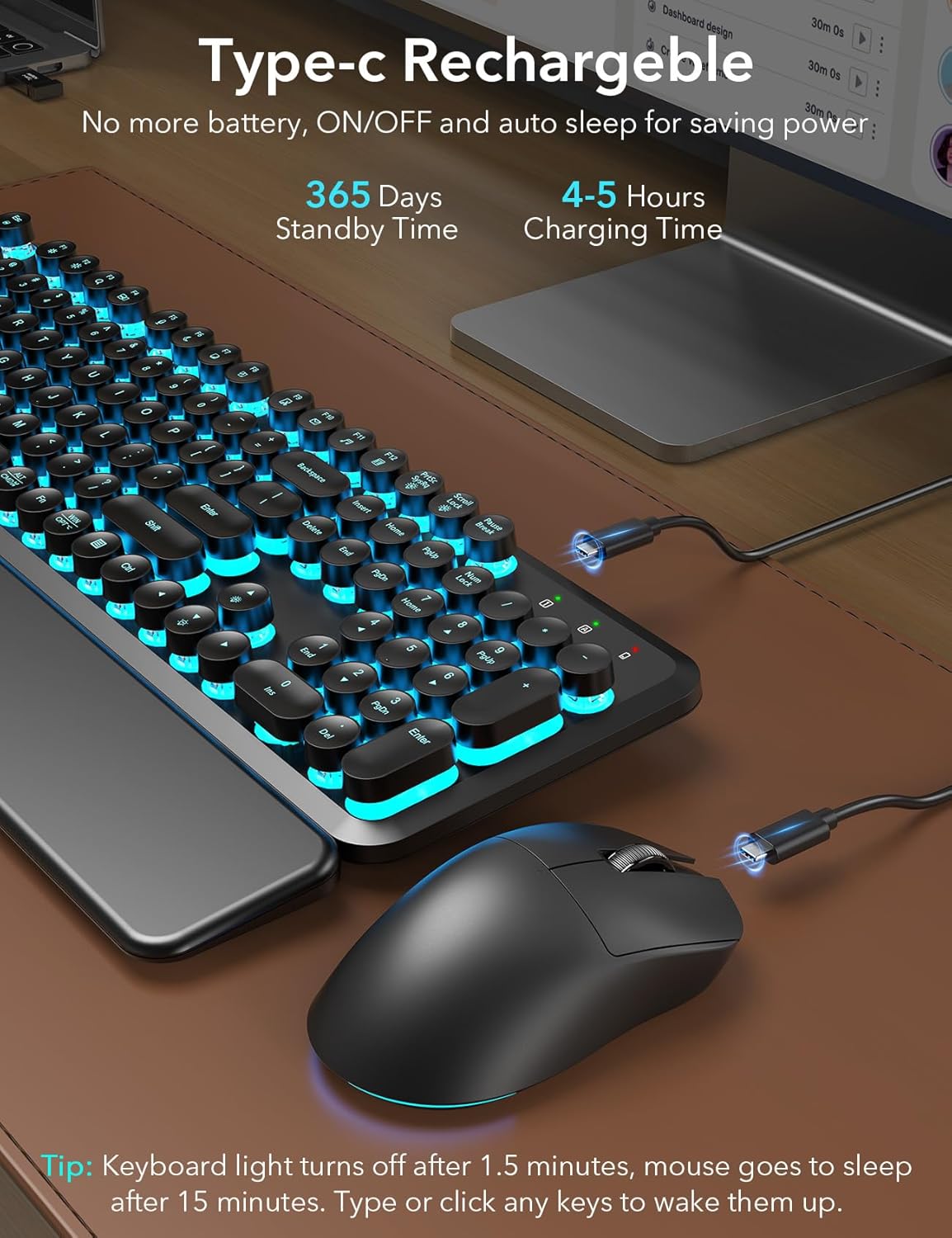 Trueque Wireless Backlit Keyboard and Mouse Combo Retro Typewriter Design with Detachable Wrist Rest for Mac Windows PC Laptop 2024 Upgrade - View 4 of 9