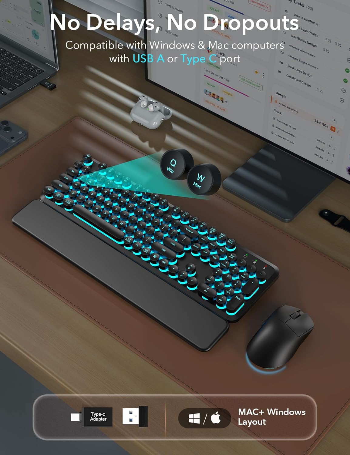 Trueque Wireless Backlit Keyboard and Mouse Combo Retro Typewriter Design with Detachable Wrist Rest for Mac Windows PC Laptop 2024 Upgrade - View 6 of 9