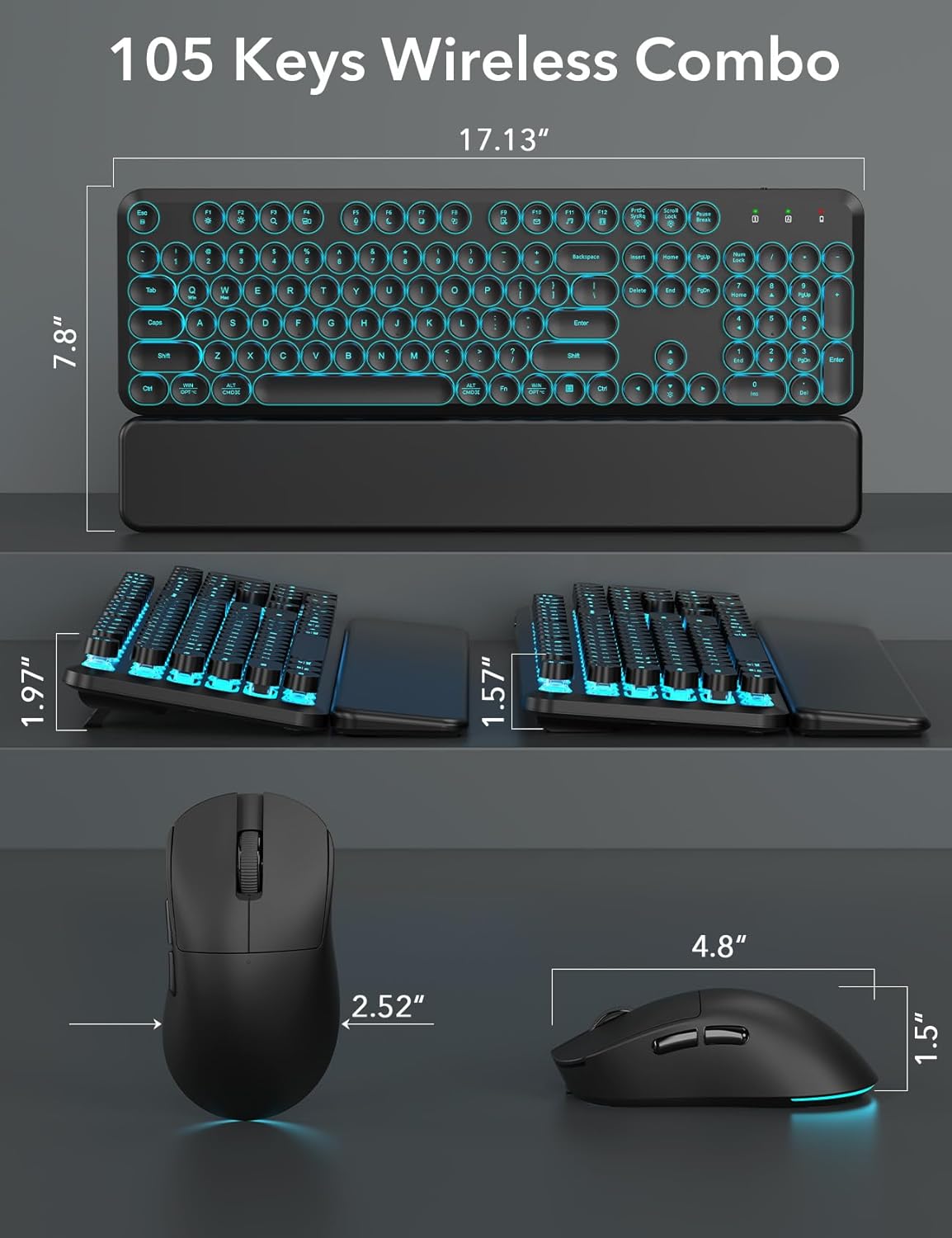 Trueque Wireless Backlit Keyboard and Mouse Combo Retro Typewriter Design with Detachable Wrist Rest for Mac Windows PC Laptop 2024 Upgrade - View 8 of 9