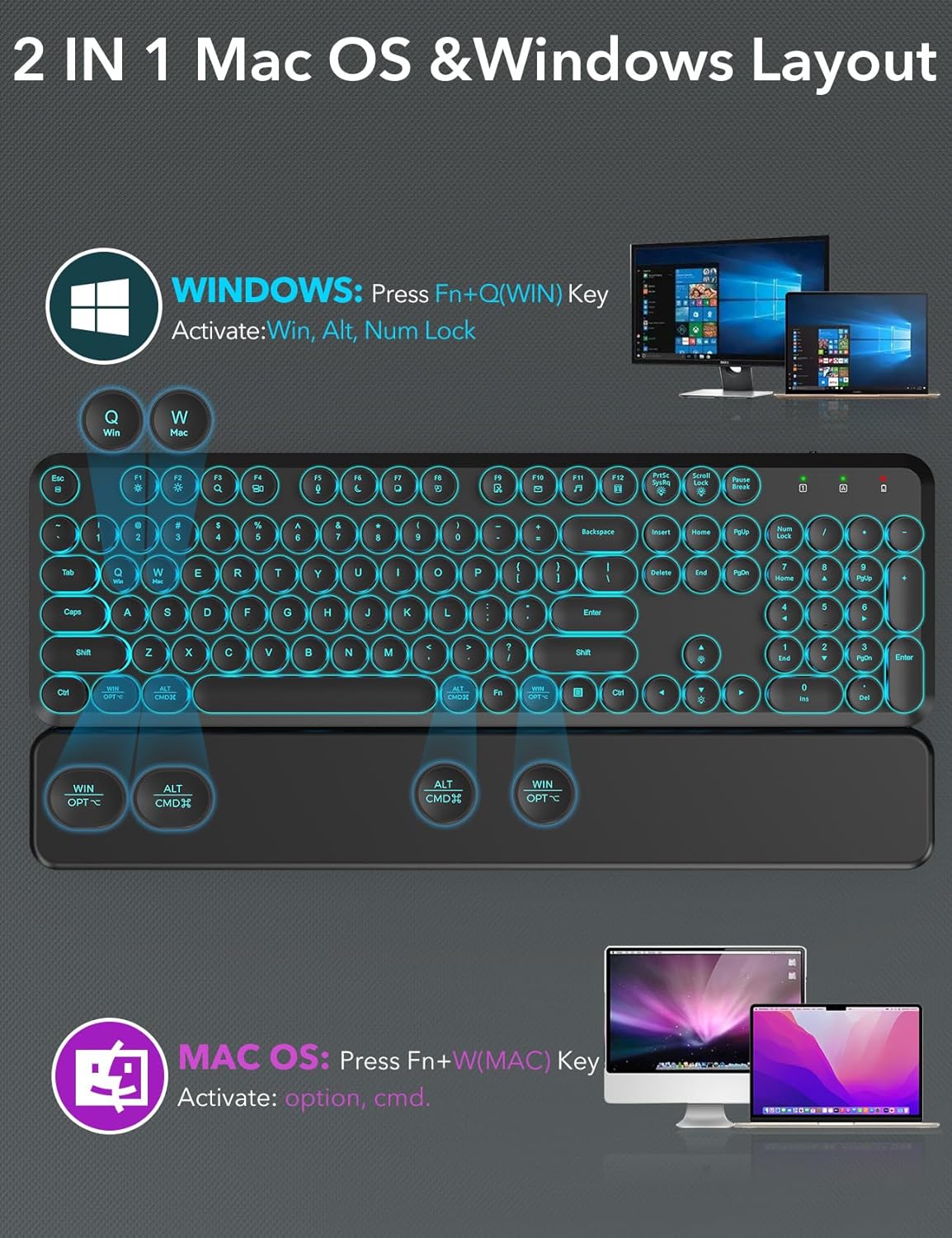Trueque Wireless Backlit Keyboard and Mouse Combo Retro Typewriter Design with Detachable Wrist Rest for Mac Windows PC Laptop 2024 Upgrade - View 9 of 9