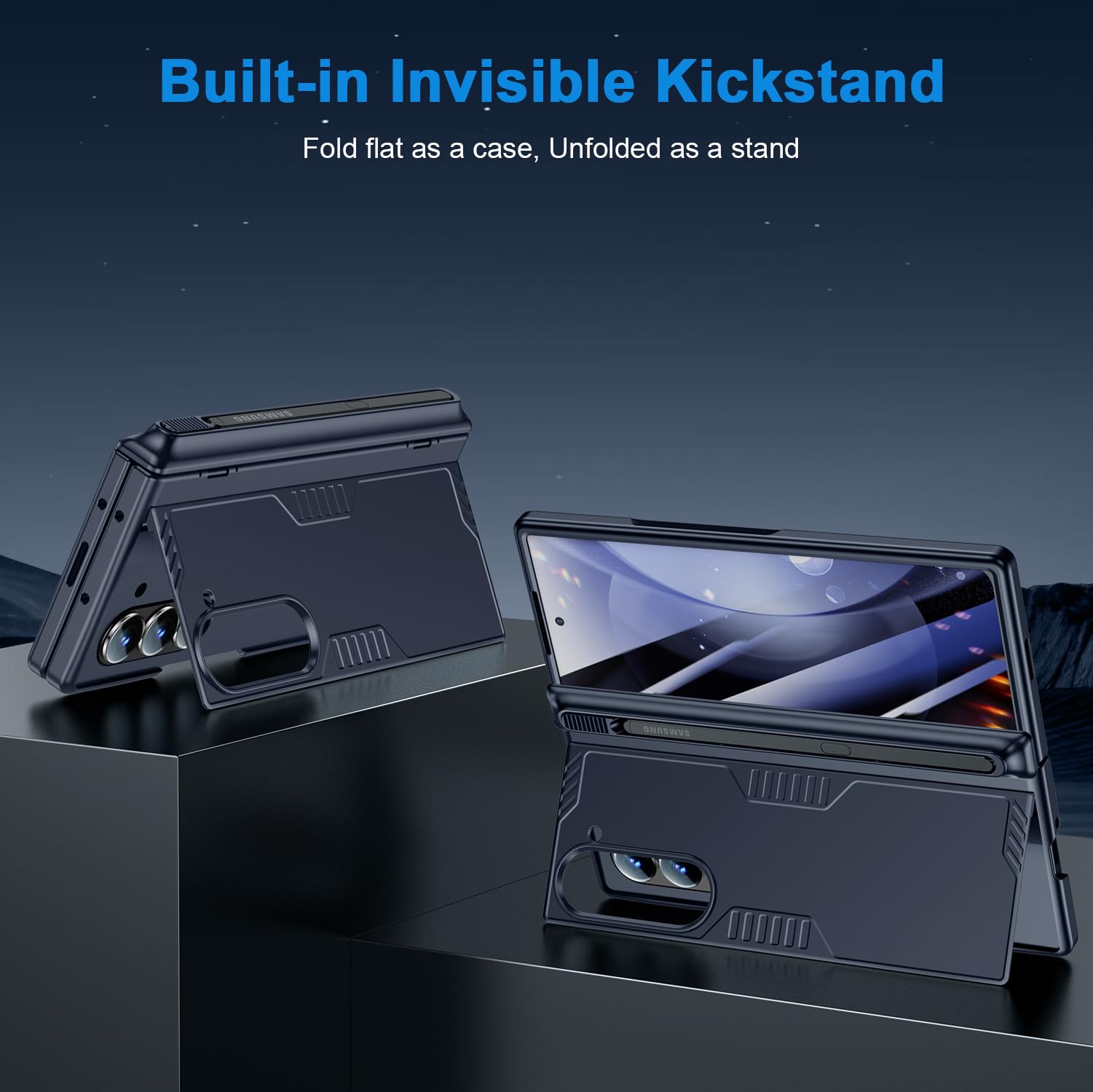 spoovcto Samsung Galaxy Z Fold 6 Case with S Pen Holder Hidden Kickstand Hinge Protection Front Screen Protector Wireless Charging Dark Blue - View 3 of 7