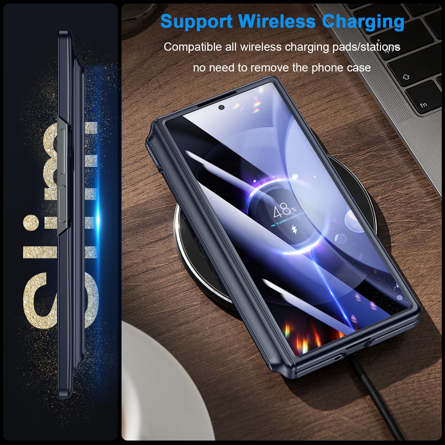 spoovcto Samsung Galaxy Z Fold 6 Case with S Pen Holder Hidden Kickstand Hinge Protection Front Screen Protector Wireless Charging Dark Blue - View 5 of 7