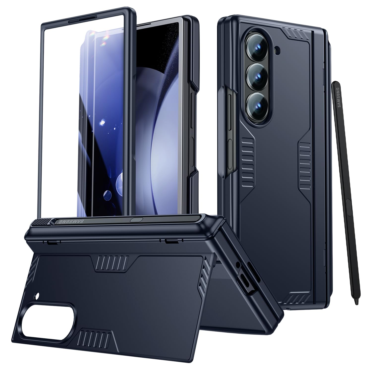 spoovcto Samsung Galaxy Z Fold 6 Case with S Pen Holder Hidden Kickstand Hinge Protection Front Screen Protector Wireless Charging Dark Blue