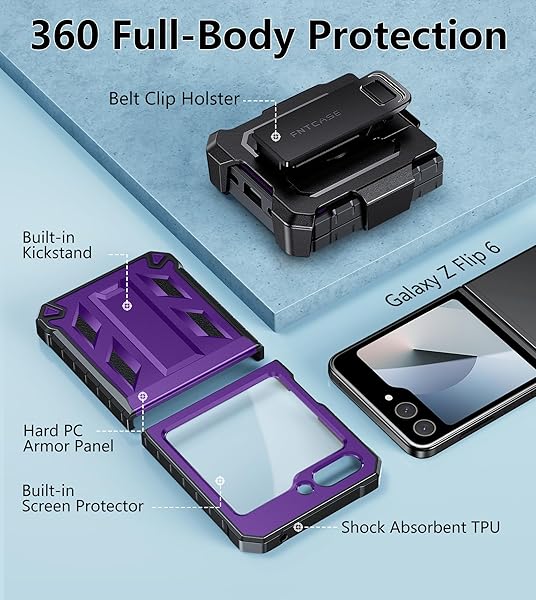 FNTCASE FNTCASE Military Grade Shockproof Case for Samsung Galaxy Z Flip 6 with Belt Clip Holster and Kickstand in Purple 2024 - View 6 of 11