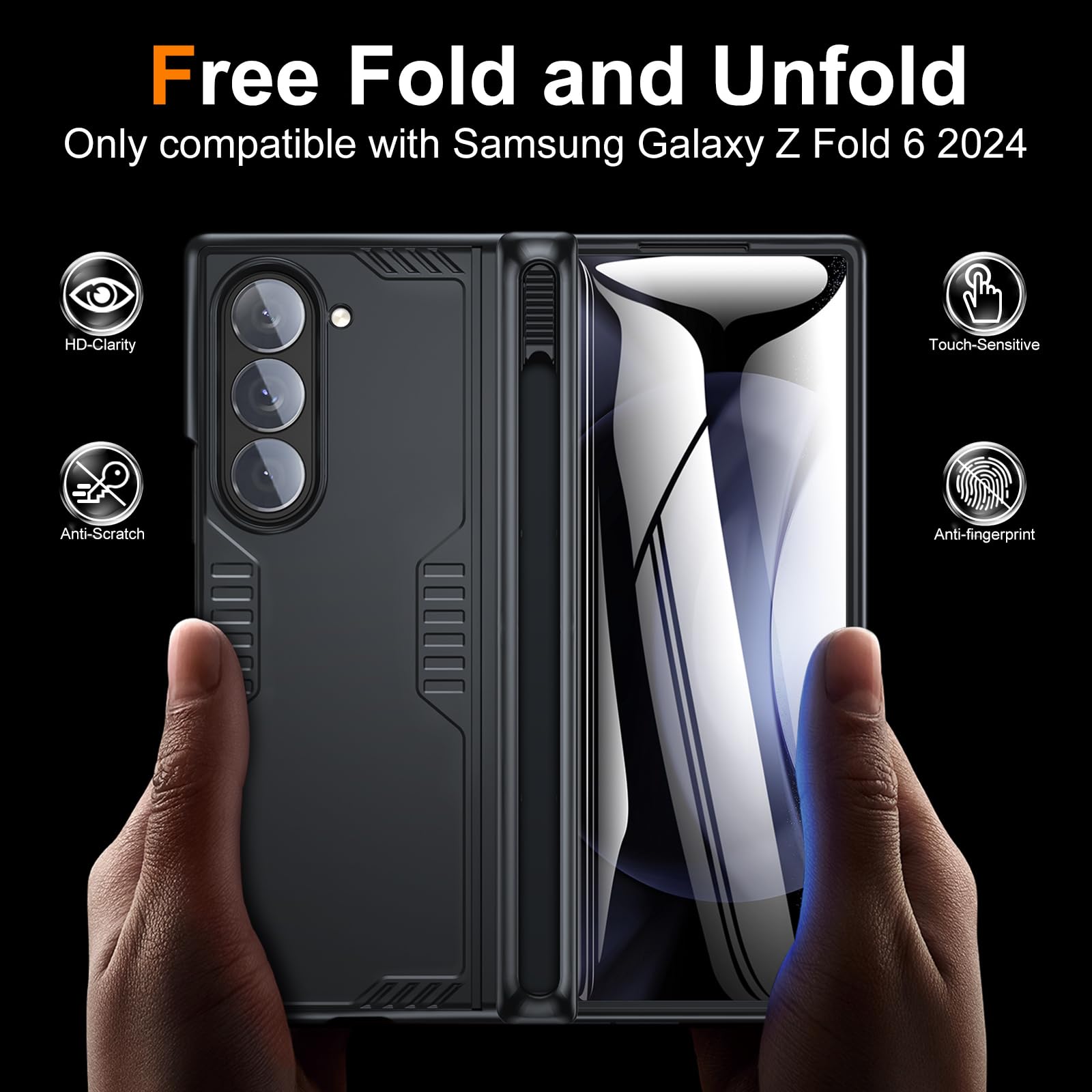 Kaiiecal Kaiiecal Slim Hinge Case for Samsung Galaxy Z Fold 6 with Screen Protector and Hidden Kickstand Soft Protective Cover Black 2024 - View 2 of 8