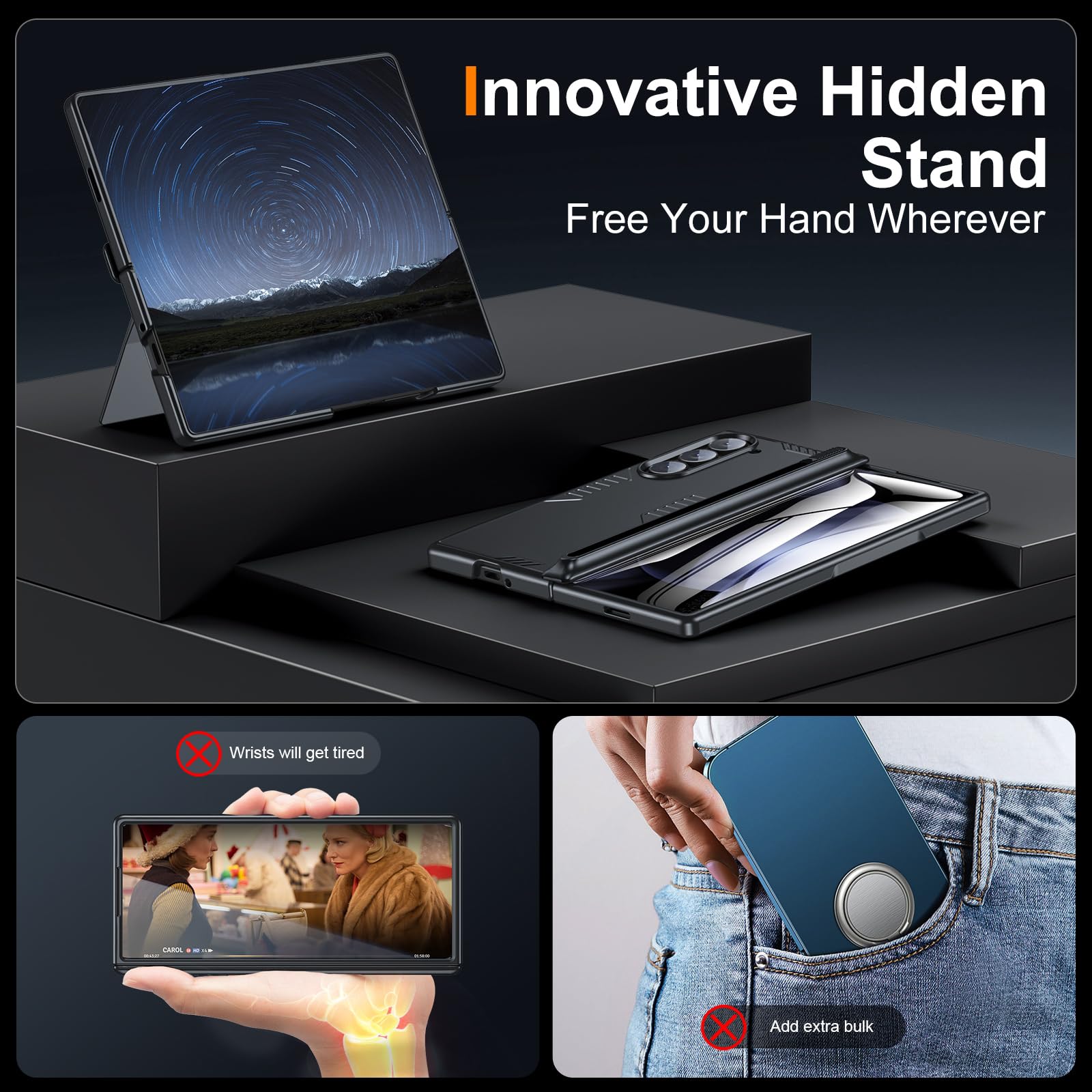 Kaiiecal Kaiiecal Slim Hinge Case for Samsung Galaxy Z Fold 6 with Screen Protector and Hidden Kickstand Soft Protective Cover Black 2024 - View 3 of 8