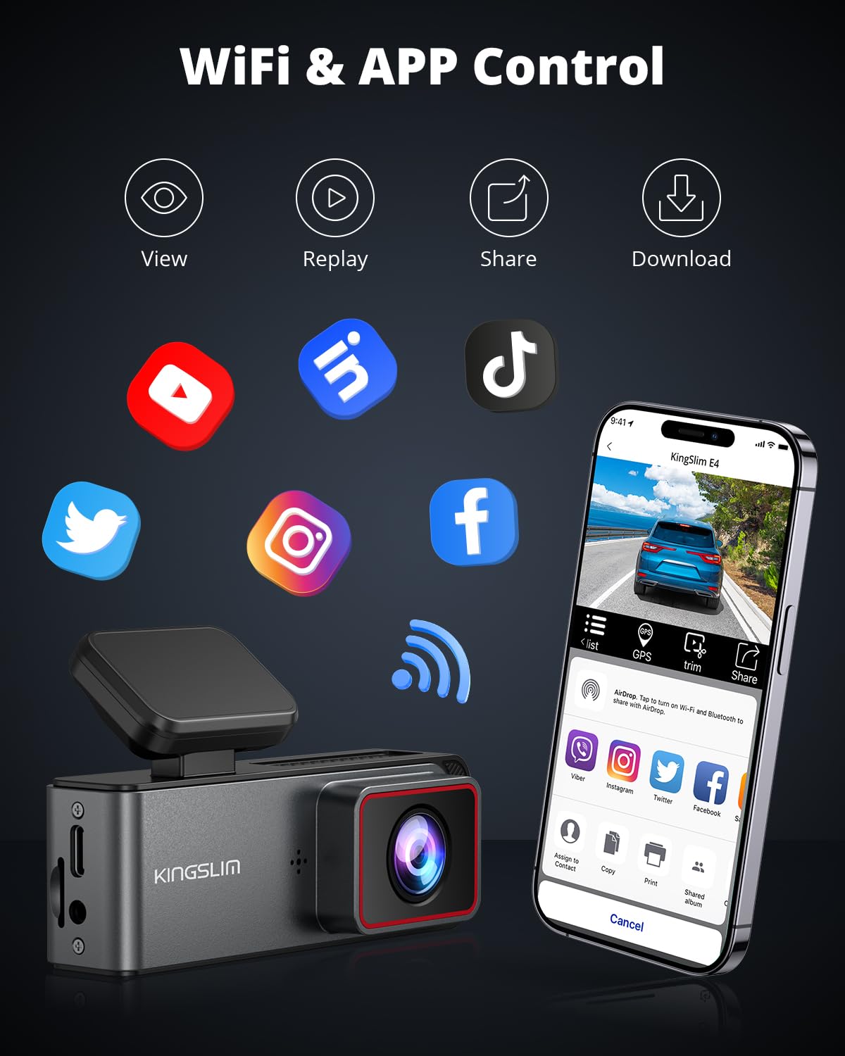 Kingslim Kingslim E4 4K Dual Dash Cam Front and Rear with WiFi Night Vision Parking Mode and APP Control for Cars - View 3 of 8