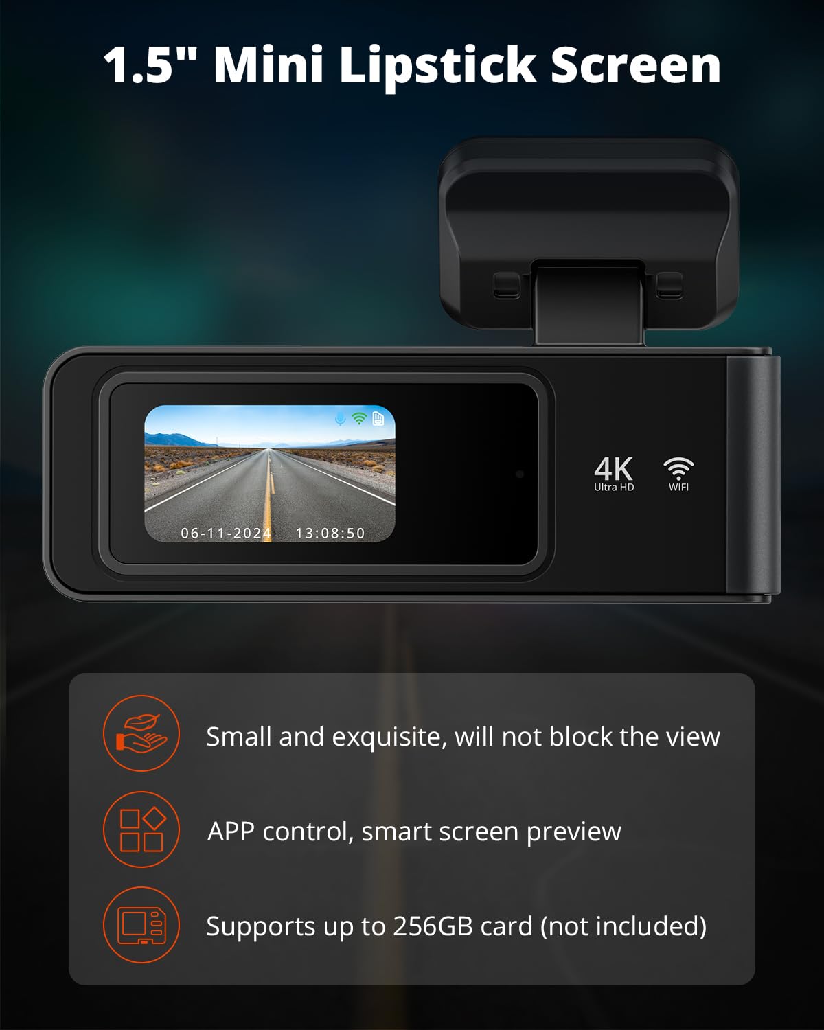 Kingslim Kingslim E4 4K Dual Dash Cam Front and Rear with WiFi Night Vision Parking Mode and APP Control for Cars - View 4 of 8