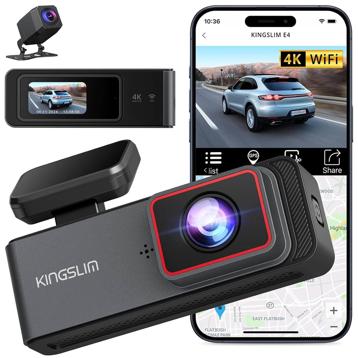 Kingslim Kingslim E4 4K Dual Dash Cam Front and Rear with WiFi Night Vision Parking Mode and APP Control for Cars