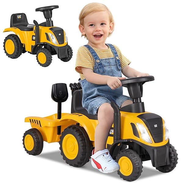 Olakids Licensed Caterpillar Ride on Tractor by OLAKIDS 2 in 1 Push Car with Trailer Headlight Horn Rake Shovel Foot to Floor Toy for Kids