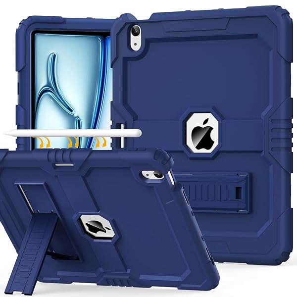 OKP OKP Heavy Duty Shockproof Case for New iPad Air 13 inch M2 2024 with Pencil Holder and Stand Navy Blue