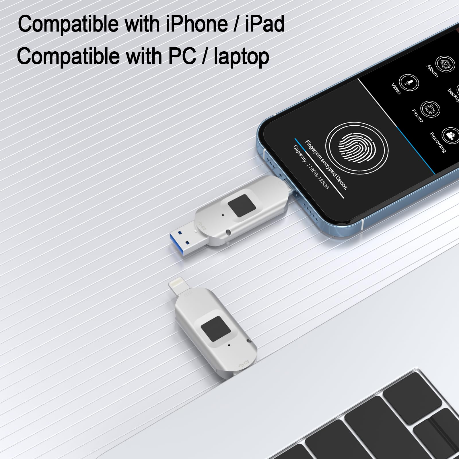 Gousido iPhone USB 3.0 Encrypted Drive 128GB External Storage with Fingerprint Encryption for iPhone iPad Mac PC - View 5 of 6