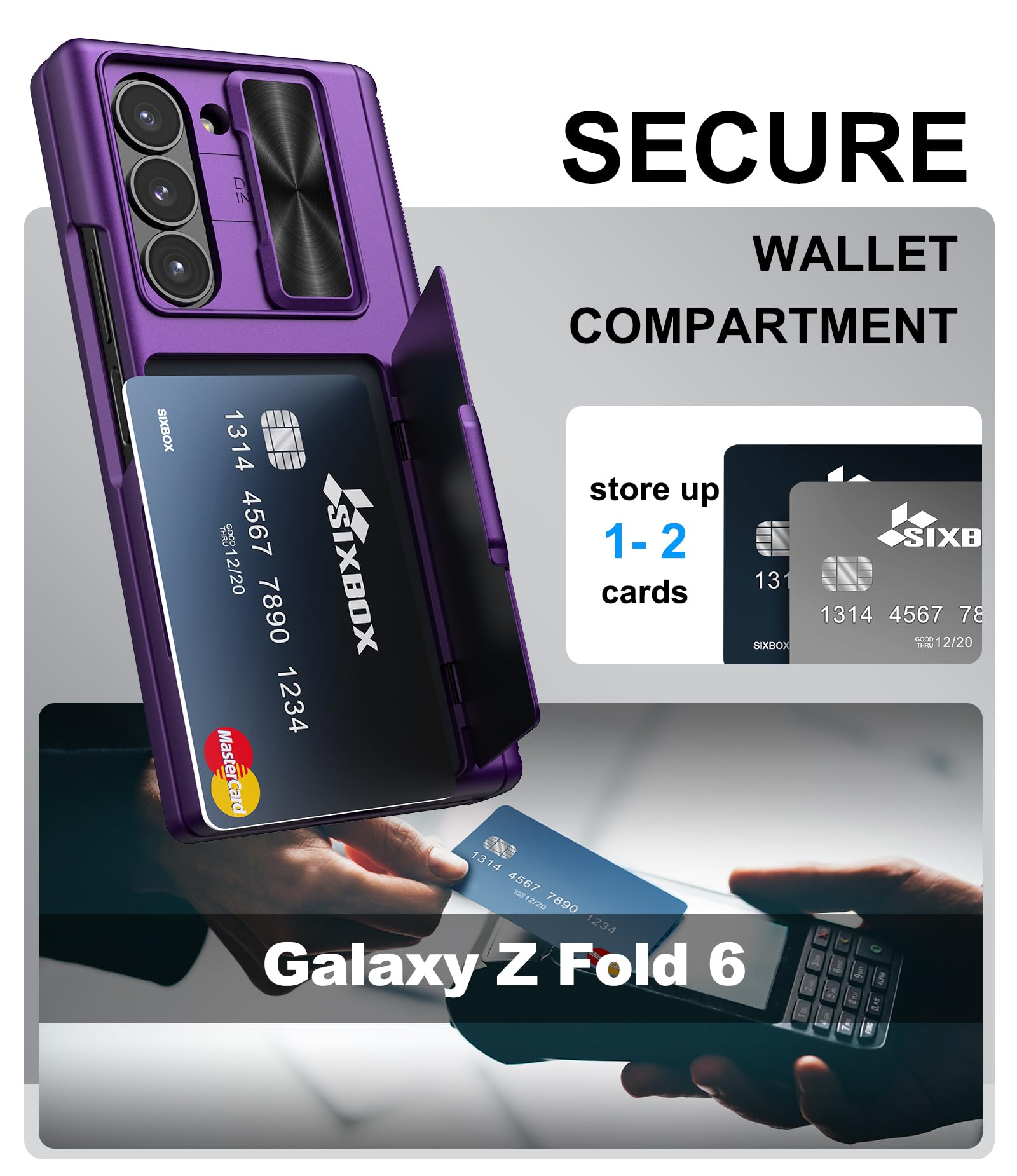 SIXBOX SIXBOX Samsung Galaxy Z Fold 6 Case with Card Holder Camera Lens Cover Hinge Protection Screen Protector Durable Rugged Dark Purple - View 3 of 7
