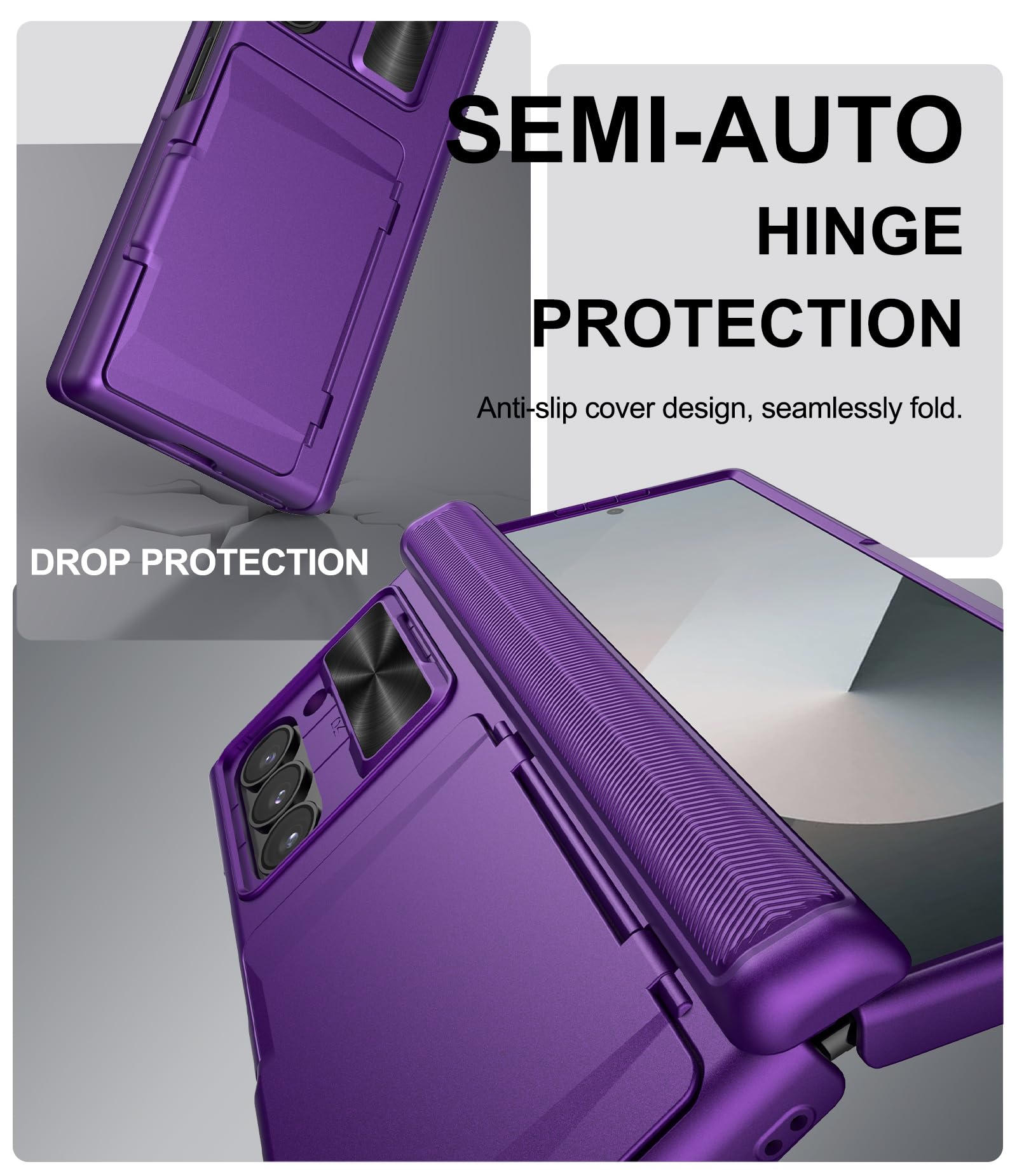 SIXBOX SIXBOX Samsung Galaxy Z Fold 6 Case with Card Holder Camera Lens Cover Hinge Protection Screen Protector Durable Rugged Dark Purple - View 5 of 7