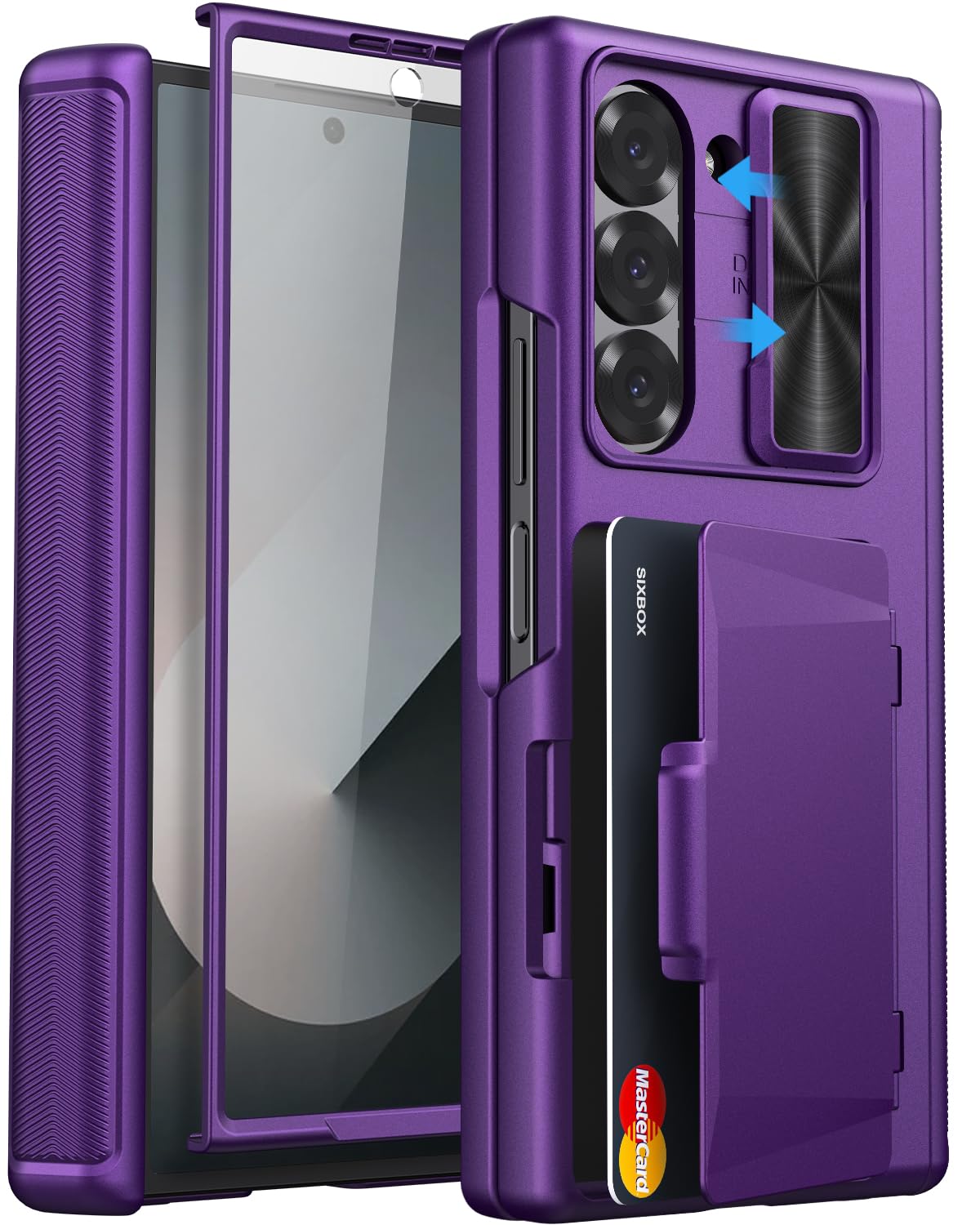 SIXBOX SIXBOX Samsung Galaxy Z Fold 6 Case with Card Holder Camera Lens Cover Hinge Protection Screen Protector Durable Rugged Dark Purple