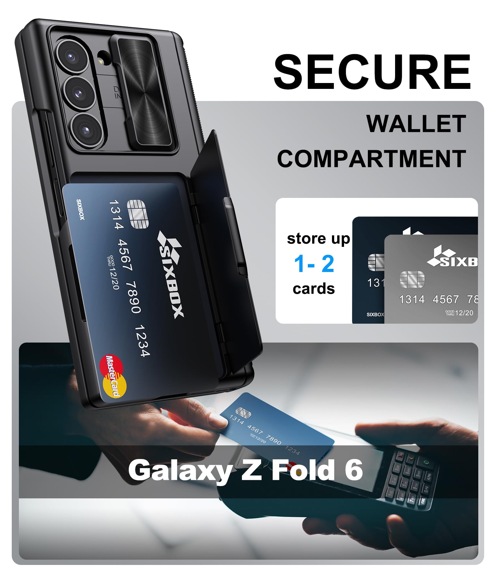 SIXBOX SIXBOX Samsung Galaxy Z Fold 6 Case with Card Holder Slide Camera Cover Built-in Screen Protector Hinge Protection Shockproof Wallet Black - View 3 of 7