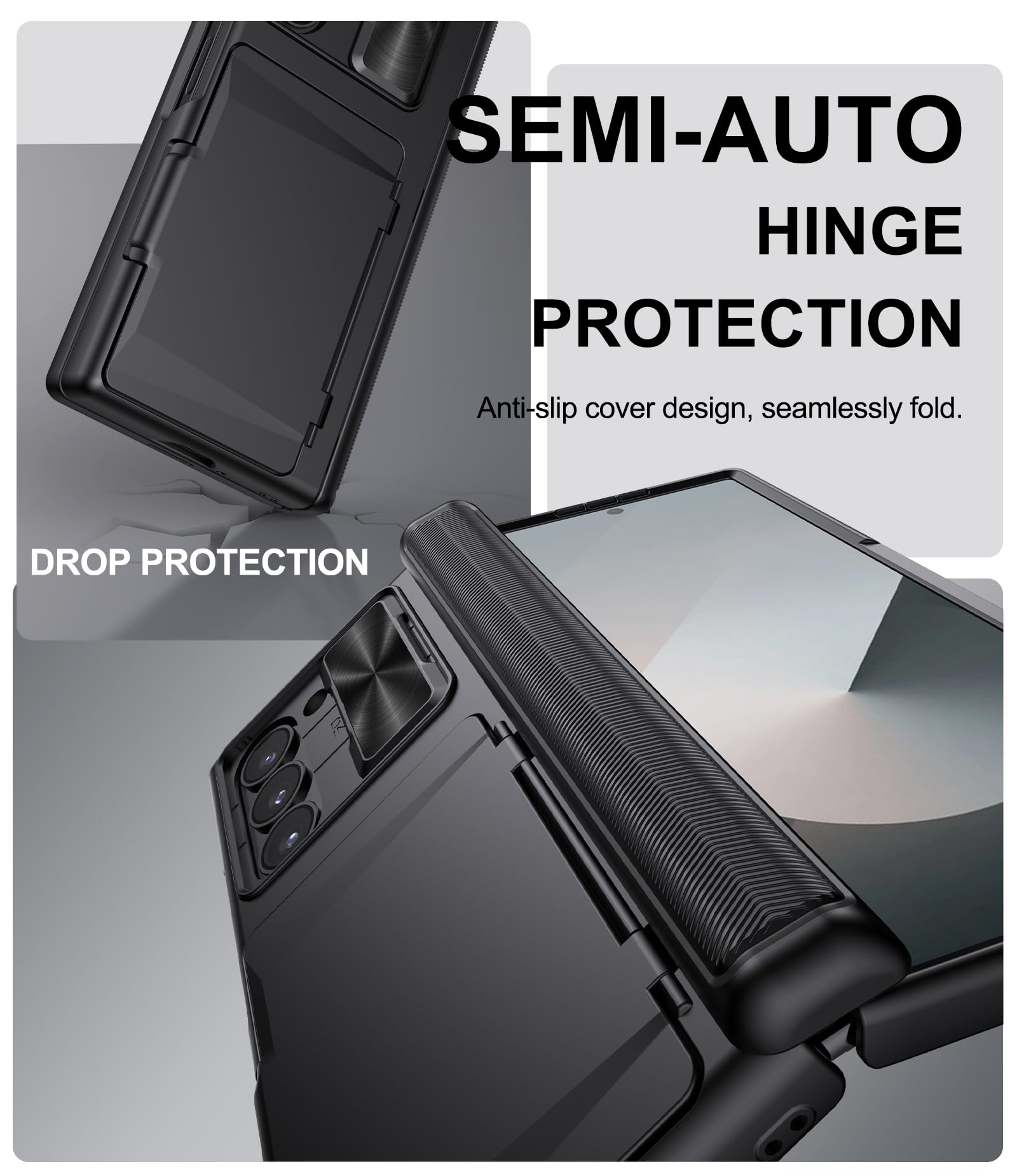 SIXBOX SIXBOX Samsung Galaxy Z Fold 6 Case with Card Holder Slide Camera Cover Built-in Screen Protector Hinge Protection Shockproof Wallet Black - View 5 of 7