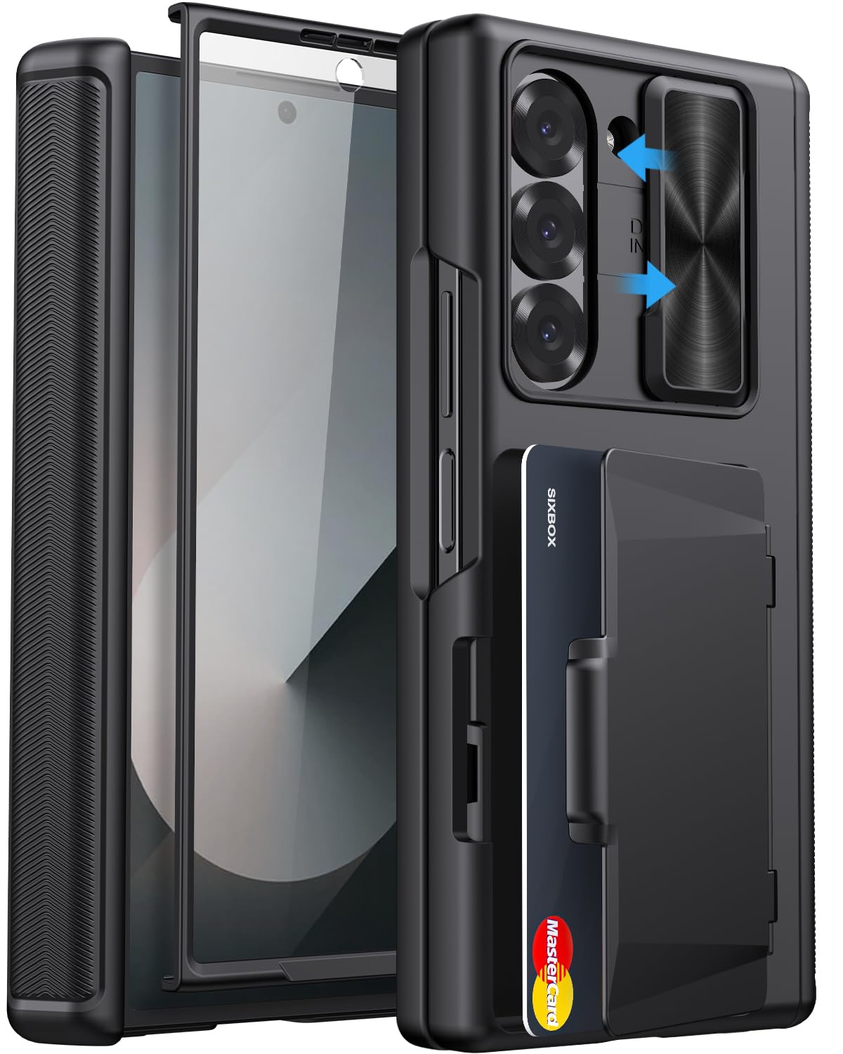 SIXBOX SIXBOX Samsung Galaxy Z Fold 6 Case with Card Holder Slide Camera Cover Built-in Screen Protector Hinge Protection Shockproof Wallet Black