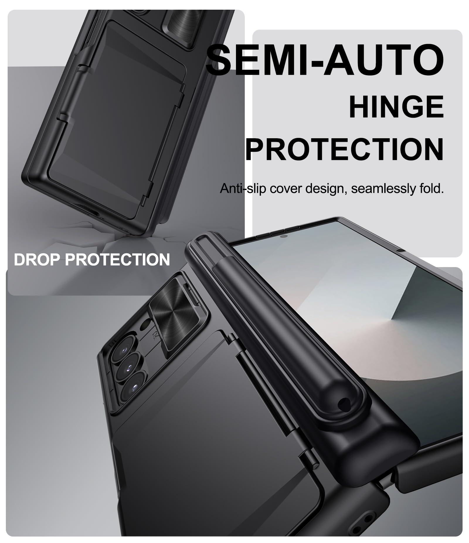 SIXBOX SIXBOX Samsung Galaxy Z Fold 6 Case with Card Holder S Pen Holder Slide Camera Cover Hinge Protection Screen Protector Durable Wallet Black - View 5 of 8