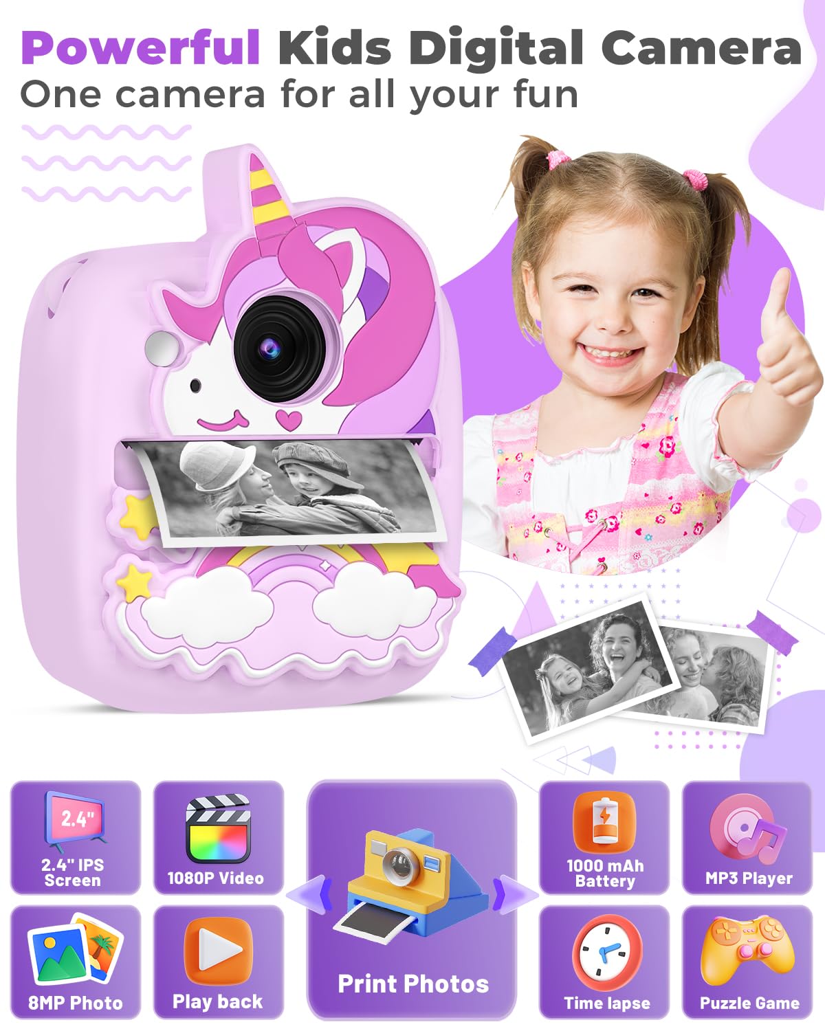 YTETCN YTETCN Instant Print Camera for Kids 3-12 Years Thermal Print Toy Gift for Girls and Boys with 32G SD Card 48 MP Photo 1080P Video Purple - View 3 of 8