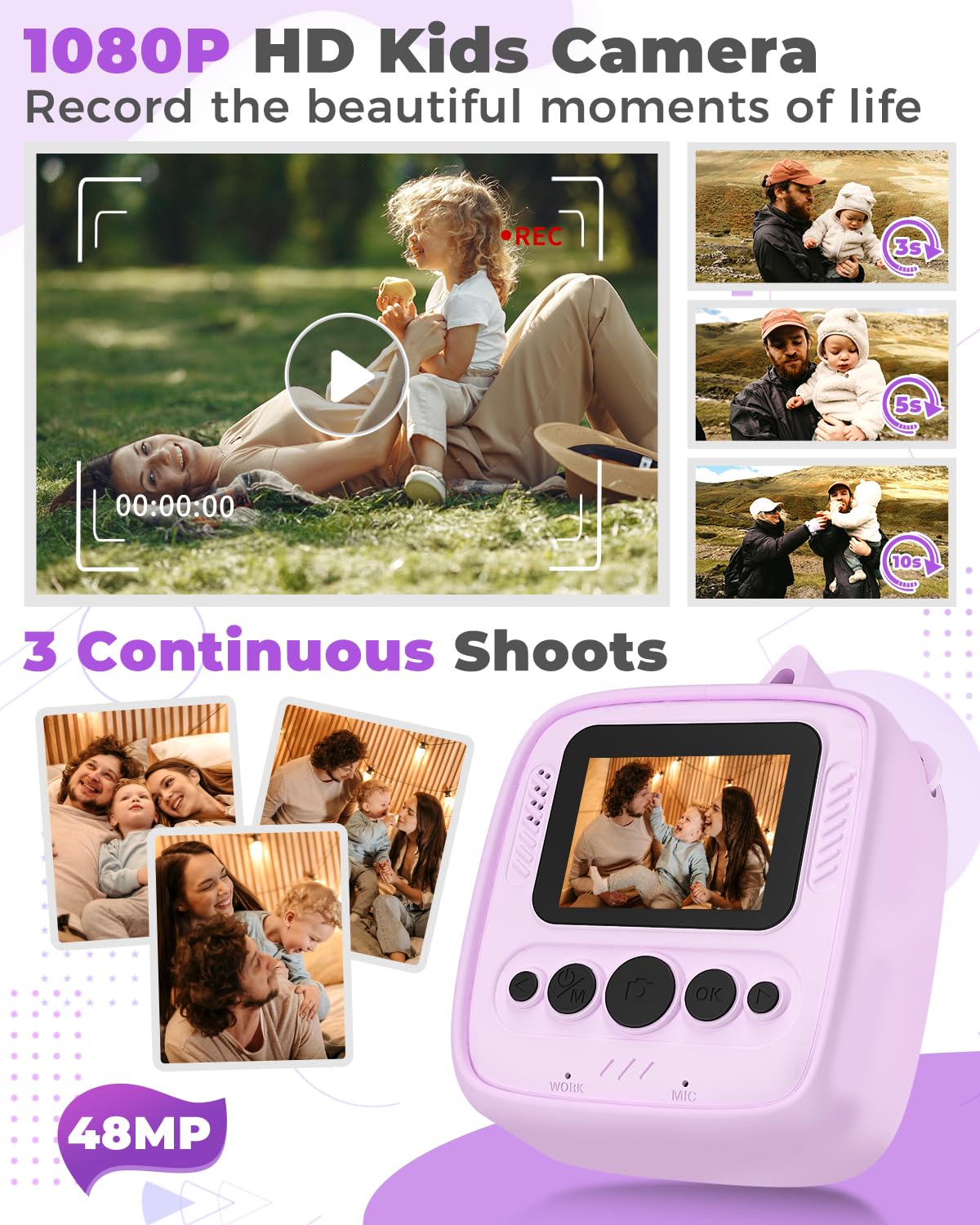 YTETCN YTETCN Instant Print Camera for Kids 3-12 Years Thermal Print Toy Gift for Girls and Boys with 32G SD Card 48 MP Photo 1080P Video Purple - View 4 of 8