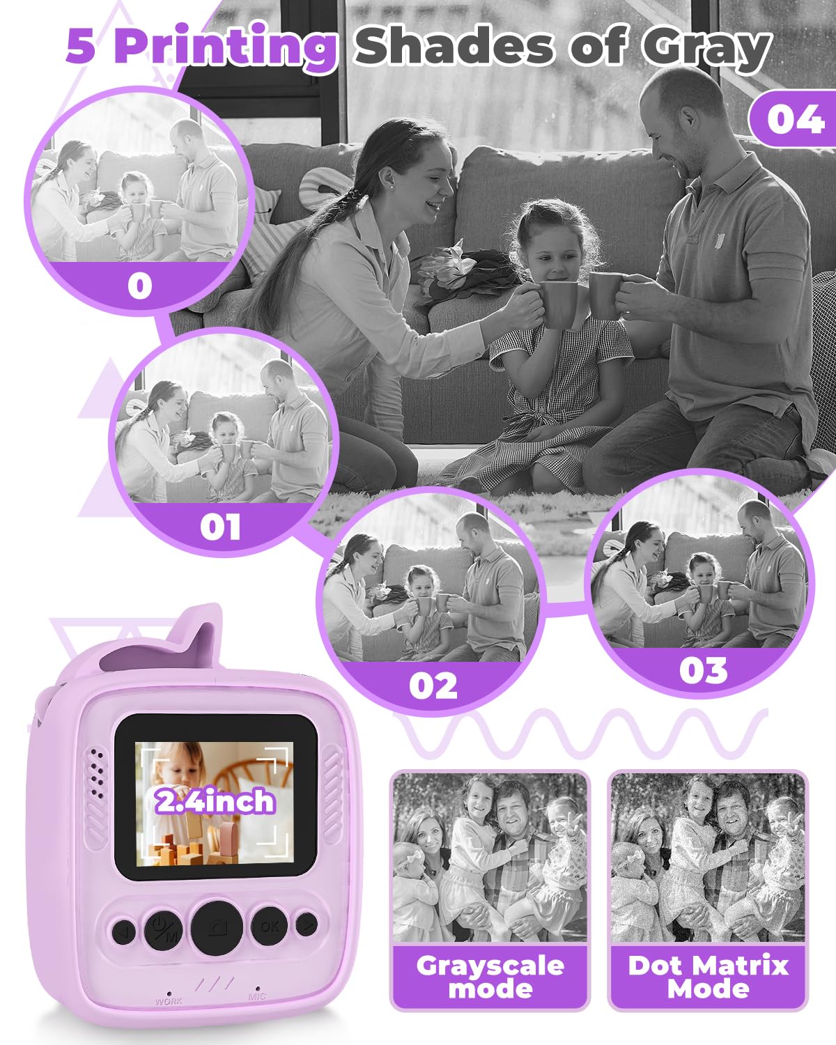 YTETCN YTETCN Instant Print Camera for Kids 3-12 Years Thermal Print Toy Gift for Girls and Boys with 32G SD Card 48 MP Photo 1080P Video Purple - View 5 of 8