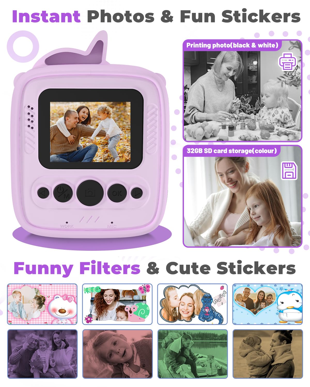 YTETCN YTETCN Instant Print Camera for Kids 3-12 Years Thermal Print Toy Gift for Girls and Boys with 32G SD Card 48 MP Photo 1080P Video Purple - View 7 of 8