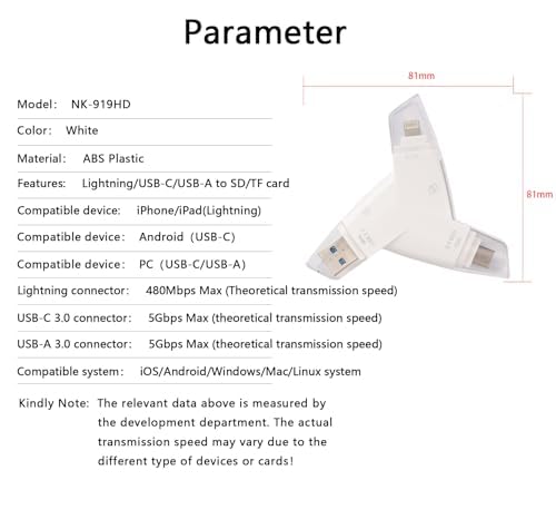 Gousido USB-C Type-C 3.0 and USB 3.0 Triangle Memory Card Reader 4 in 1 for iPhone iPad Android Mac and Trail Game Camera Supports SD TF Micro SD Adapter - View 5 of 6